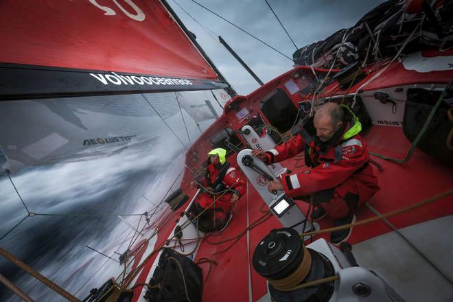 Onboard Dongfeng Race Team - Damian Foxall, Kevin Escoffier. Two shades of grey and a little pink dot ahead - Leg five to Itajai - Volvo Ocean Race 2015 © Yann Riou / Dongfeng Race Team